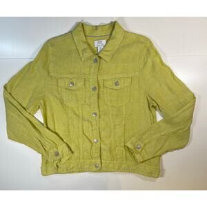 JNY chartreuse linen utility jacket snap front cropped lightweight womens Sz Lg